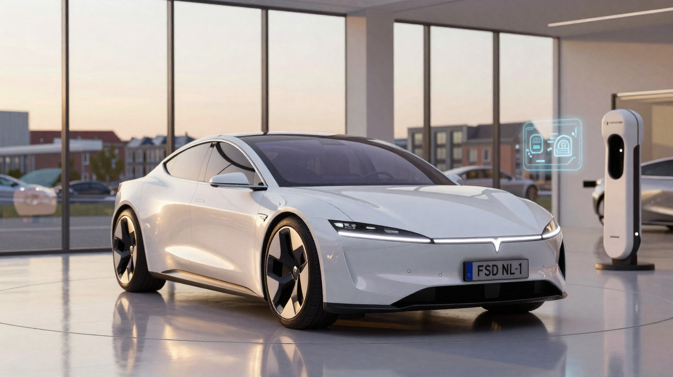 Carro elétrico branco moderno estacionado em showroom com carregador elétrico ao lado e painel digital holográfico.