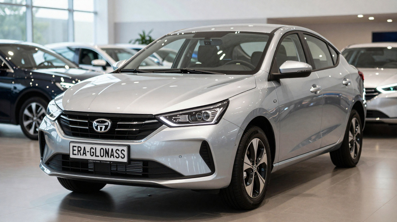 Carro prata sedan em ambiente interno, com placa frontal ERA-GLONASS e logo T no centro da grade.