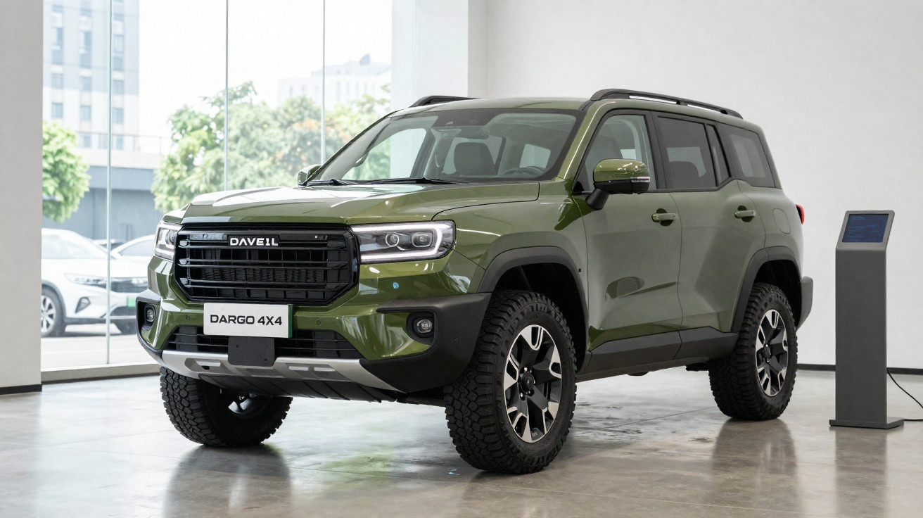 SUV verde militar DAVEIL Dargo 4x4 em showroom com vidro e pedestal ao lado.