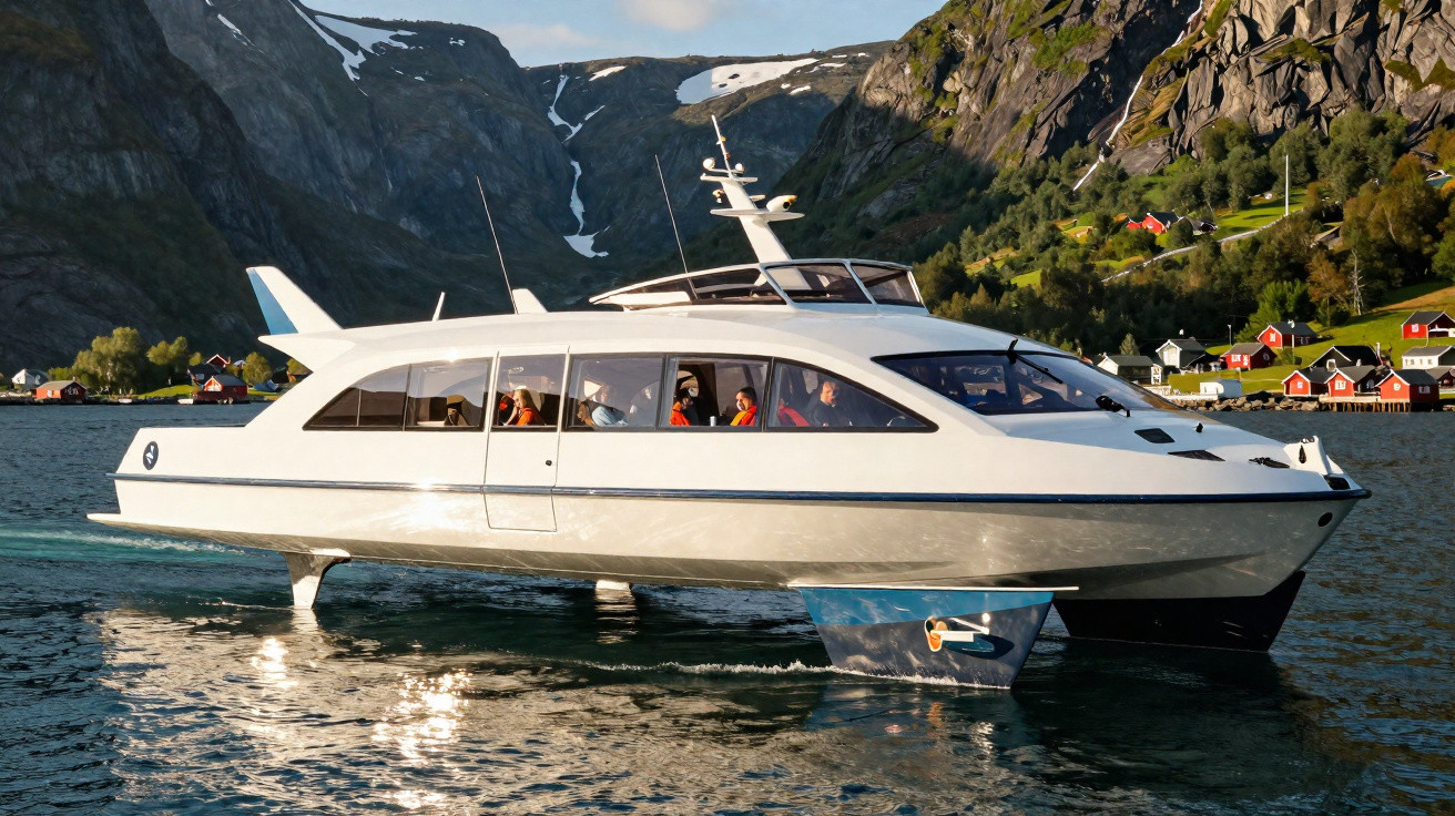 Barco branco futurista navegando em lago rodeado por montanhas com casas vermelhas na margem.