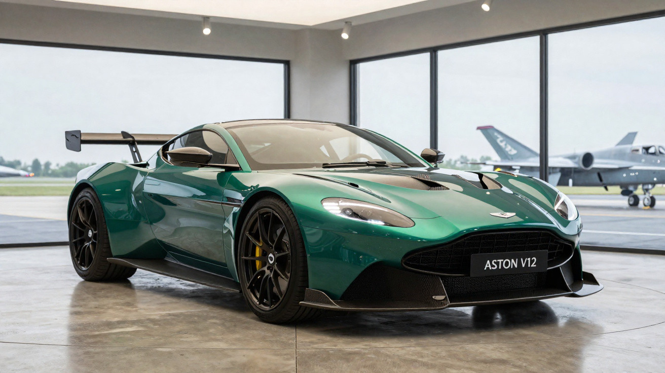 Carro esportivo Aston Martin verde com aerofólio em hangar com janelas e avião ao fundo.