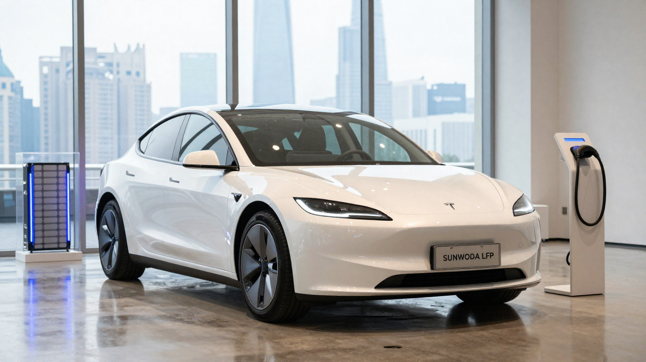 Carro elétrico branco Tesla estacionado em ambiente interno com estação de recarga ao lado e edifícios ao fundo.