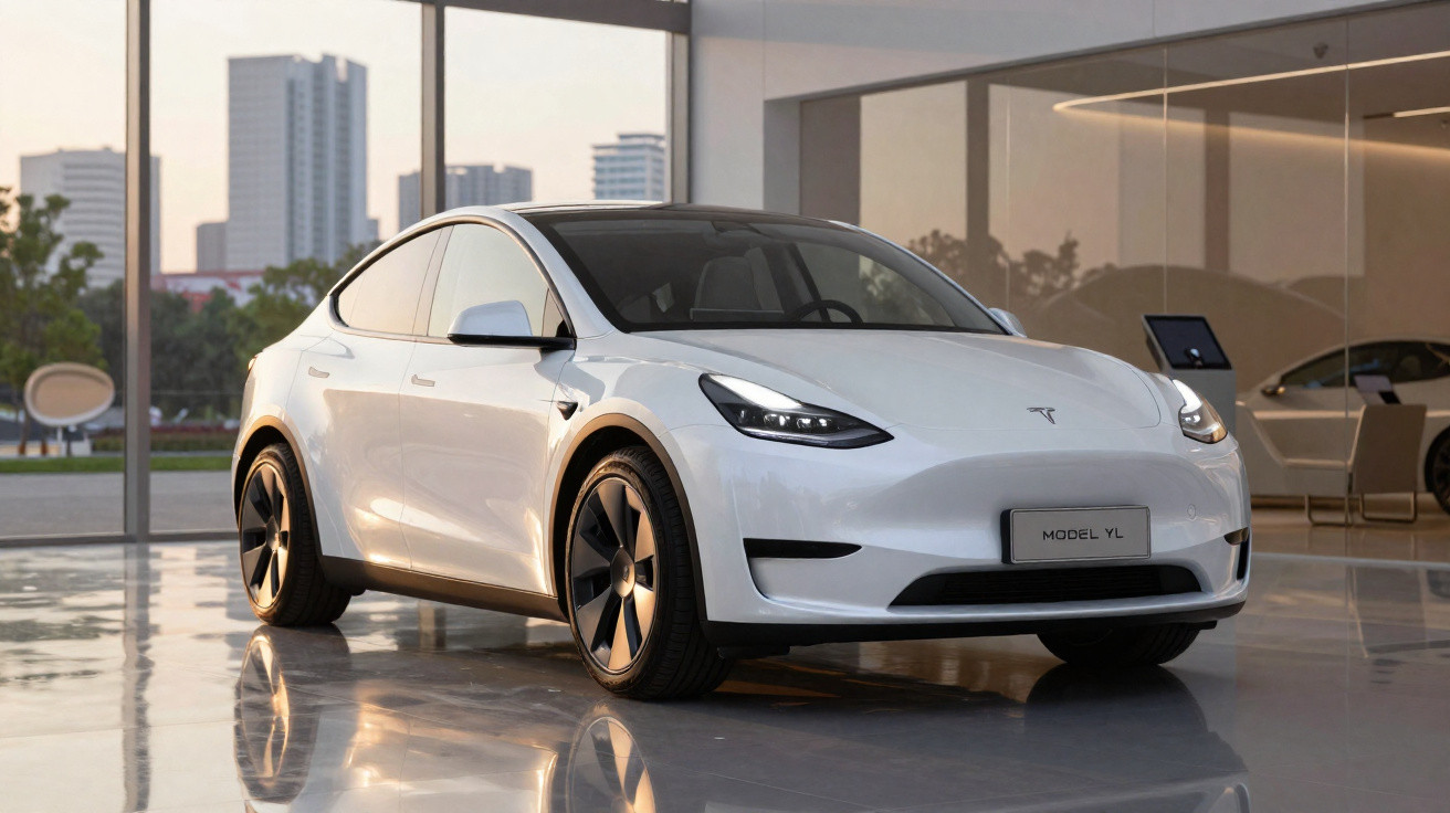 Carro elétrico branco Tesla Model Y estacionado em showroom moderno com janelas de vidro e edifícios ao fundo.