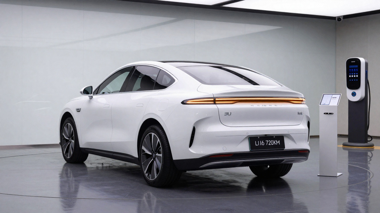 Carro elétrico branco estacionado em garagem com estação de recarga ao lado.