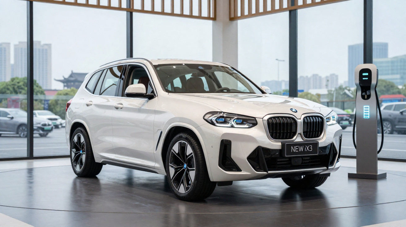 Carro BMW branco modelo New iX3 estacionado em showroom moderno com estação de recarga ao lado.