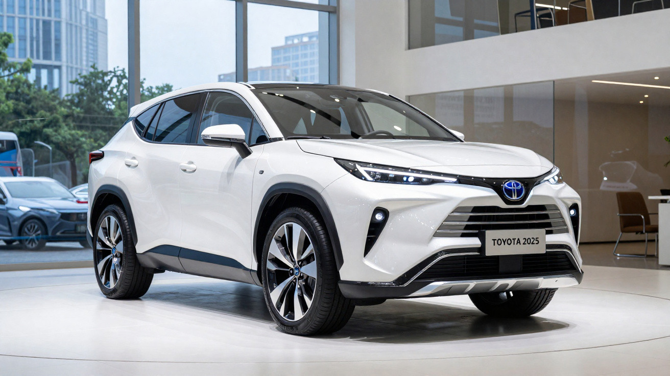 Carro Toyota 2025 branco exibido em showroom moderno com grandes janelas e edifícios ao fundo.