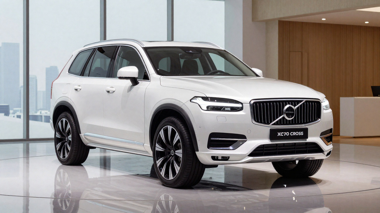 SUV Volvo XC70 Cross branco estacionado em ambiente interno moderno com piso branco brilhante.
