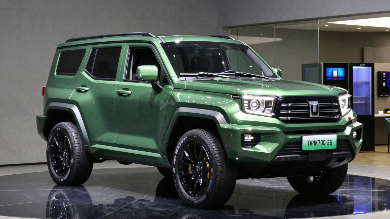 SUV verde metálico com design robusto e pneus pretos em exposição interna.
