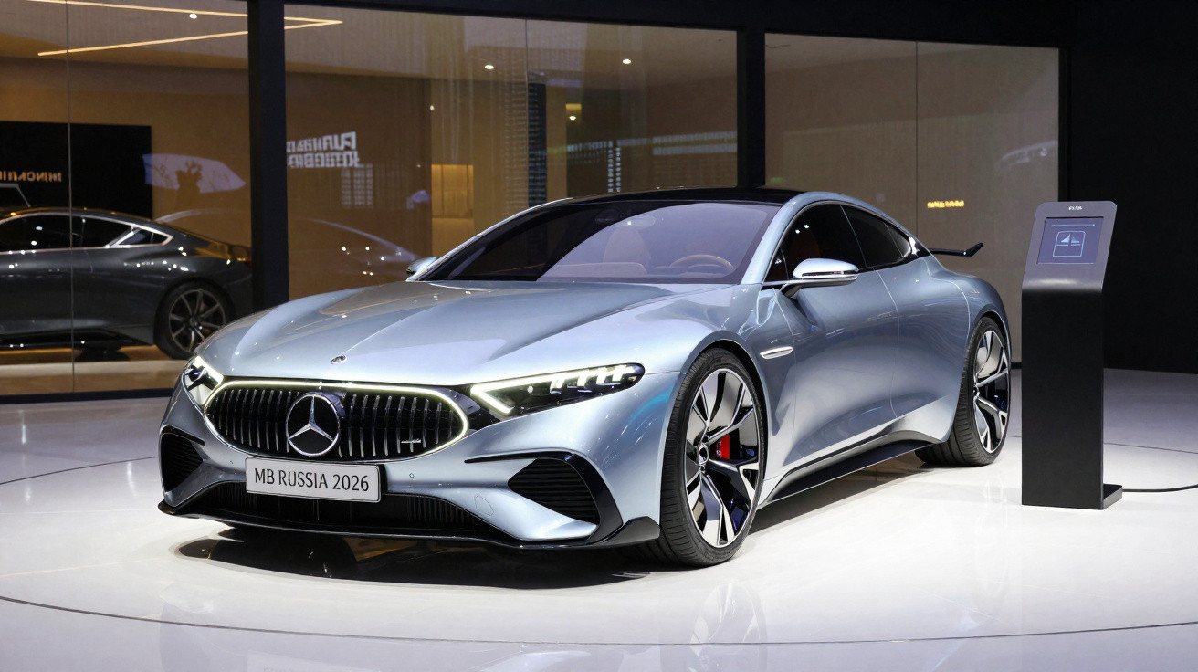 Carro esportivo elétrico prata da Mercedes-Benz exibido em estande moderno com placa MB RUSSIA 2026.