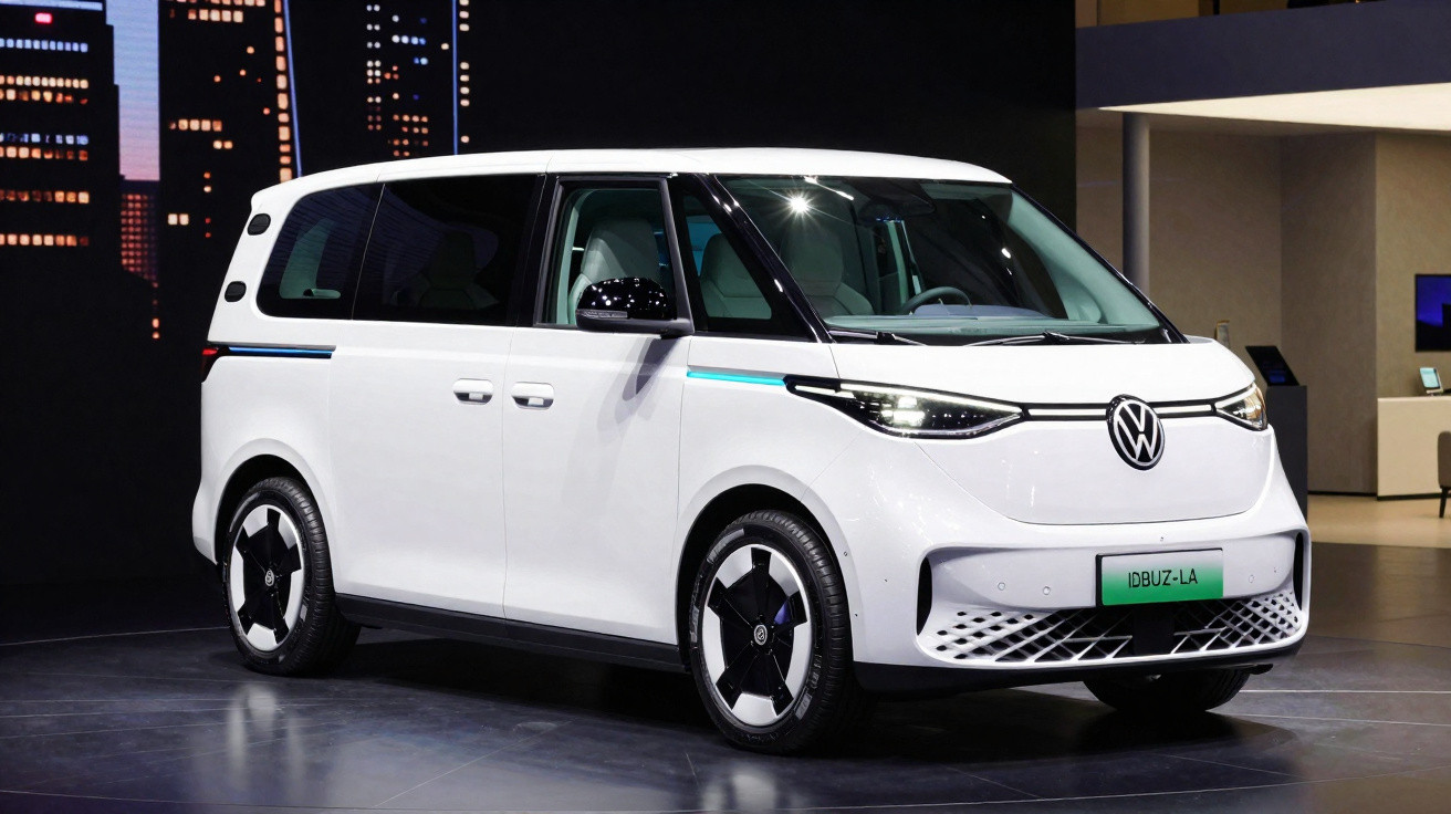 Van elétrica branca Volkswagen ID.Buzz LA exibida em salão, vista frontal lateral direita.
