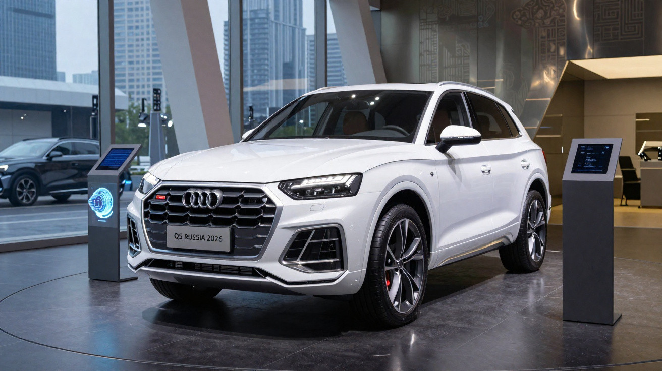 Audi Q5 branco exibido em showroom moderno com prédios ao fundo.