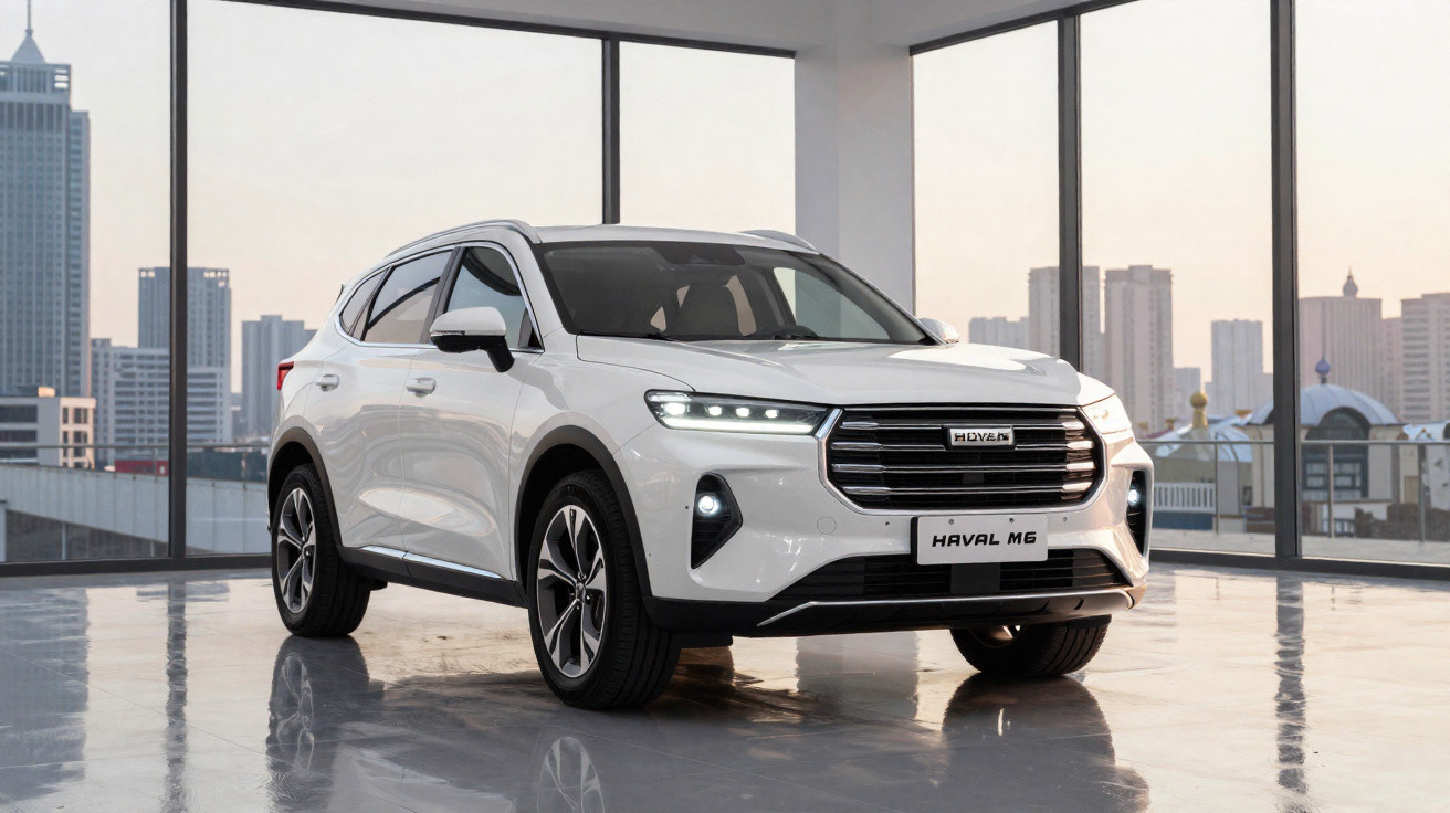 SUV branco Haval M6 estacionado em ambiente interno com vista para prédios ao amanhecer.