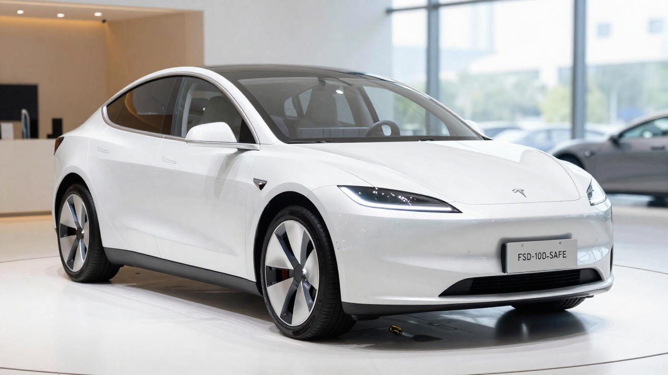 Carro elétrico Tesla Model S branco exibido em ambiente interno com iluminação natural.