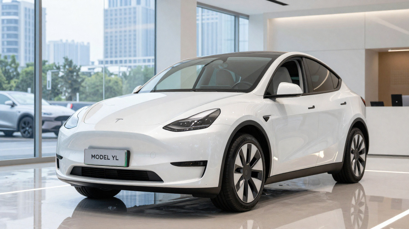 Carro elétrico branco Tesla Model YL exibido em showroom moderno com janelas amplas e vista urbana.