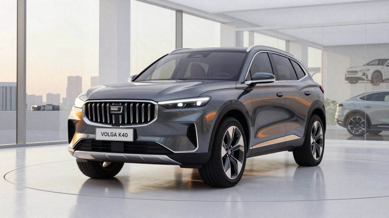 SUV cinza estacionado em showroom moderno com grandes janelas e reflexos no chão branco.