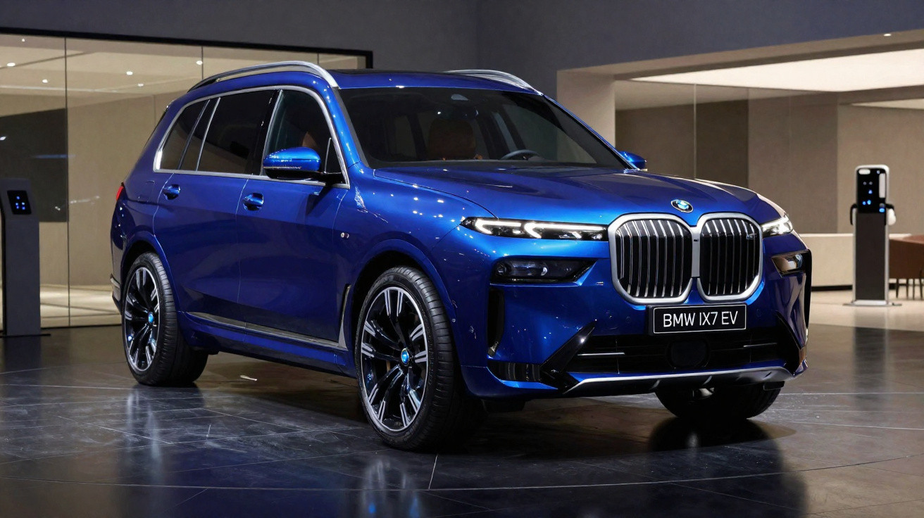 BMW iX7 EV azul estacionado em ambiente interno moderno com carregador elétrico ao fundo.