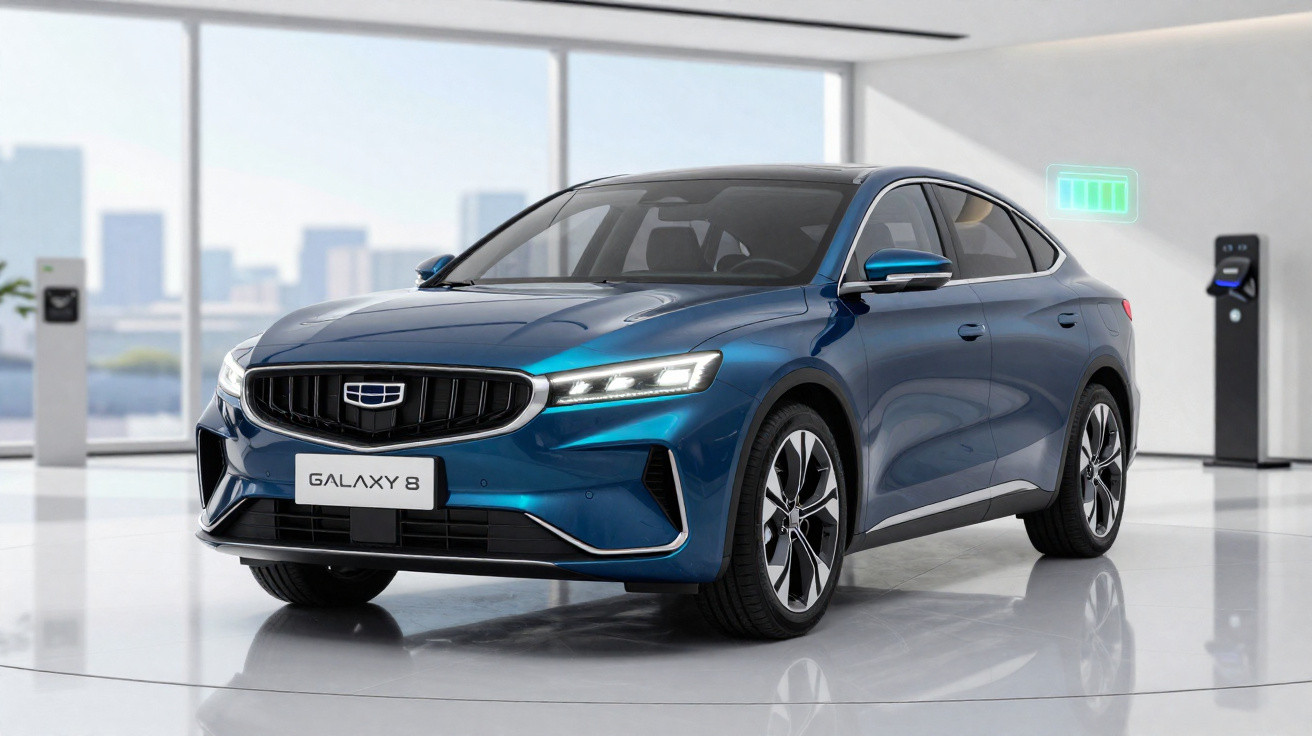 Carro elétrico azul Geely Galaxy 8 em showroom moderno com piso branco e parede de vidro.