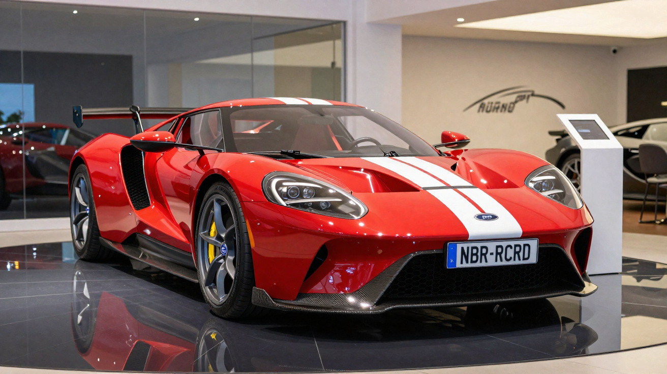 Carro esportivo vermelho com faixa branca exposto em showroom moderno com piso brilhante.