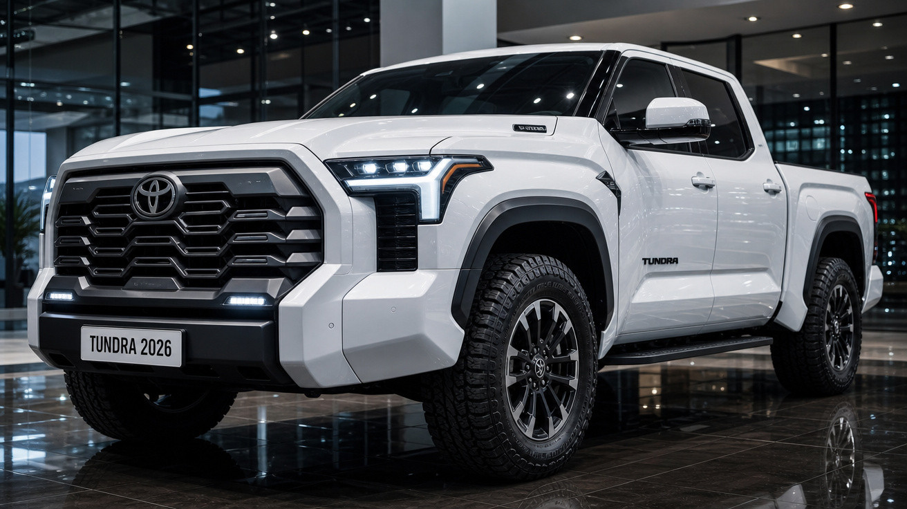 Picape Toyota Tundra 2026 branca com design robusto exposta em showroom moderno.