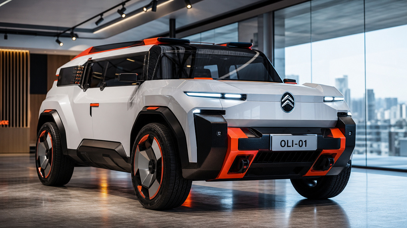 SUV conceitual Citroën OLI-01 branco com detalhes em laranja em ambiente interno moderno e iluminado.