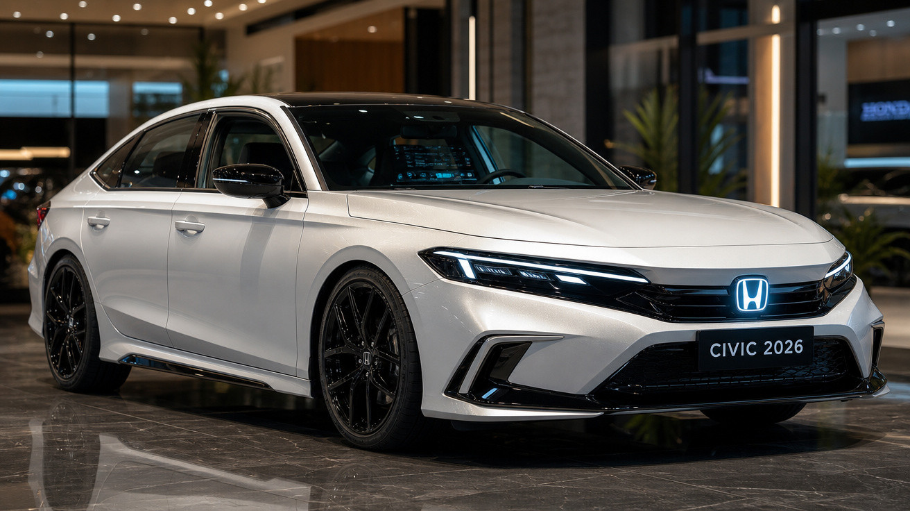 Carro sedã branco Honda Civic 2026 com detalhes pretos exibido em showroom moderno.