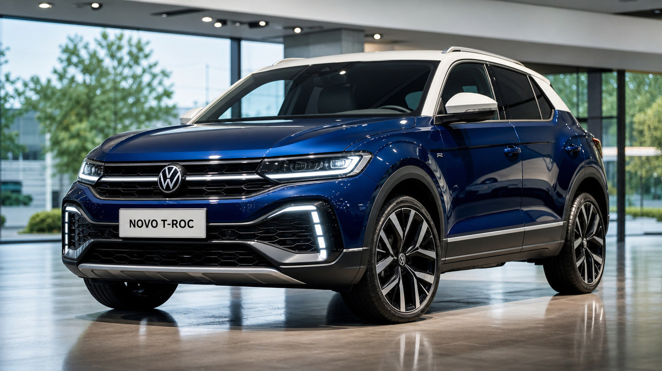 SUV Volkswagen Novo T-Roc azul com teto branco em showroom moderno.