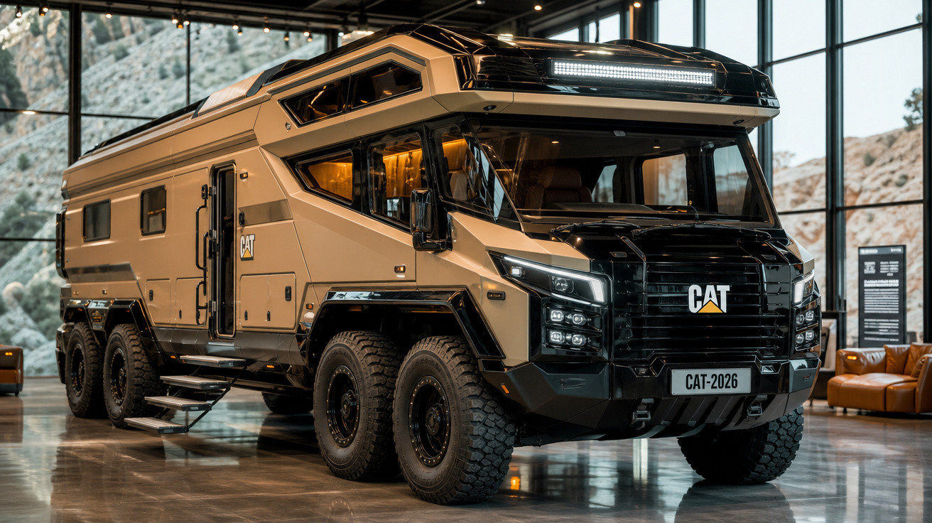 Motorhome off-road CAT 2026 bege com seis rodas em ambiente interno com janelas amplas.