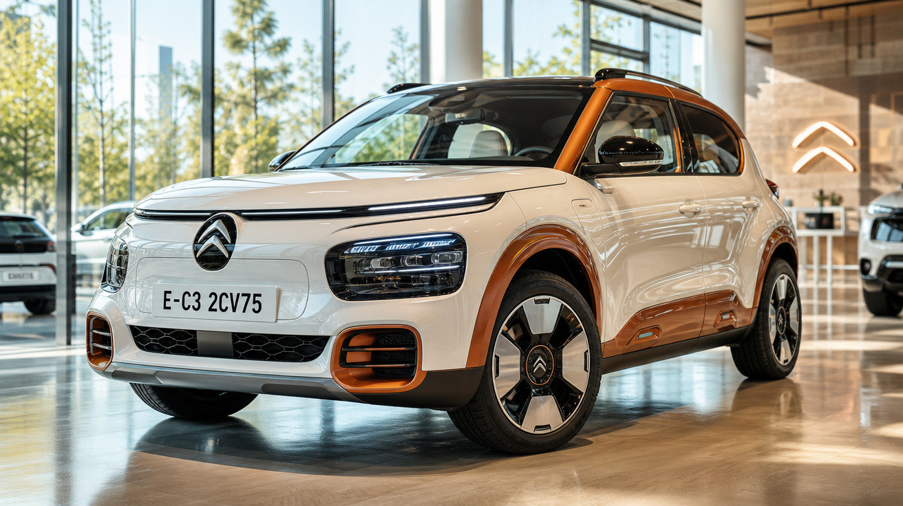 Carro Citroën E-C3 branco com detalhes em laranja em exposição dentro de concessionária moderna.