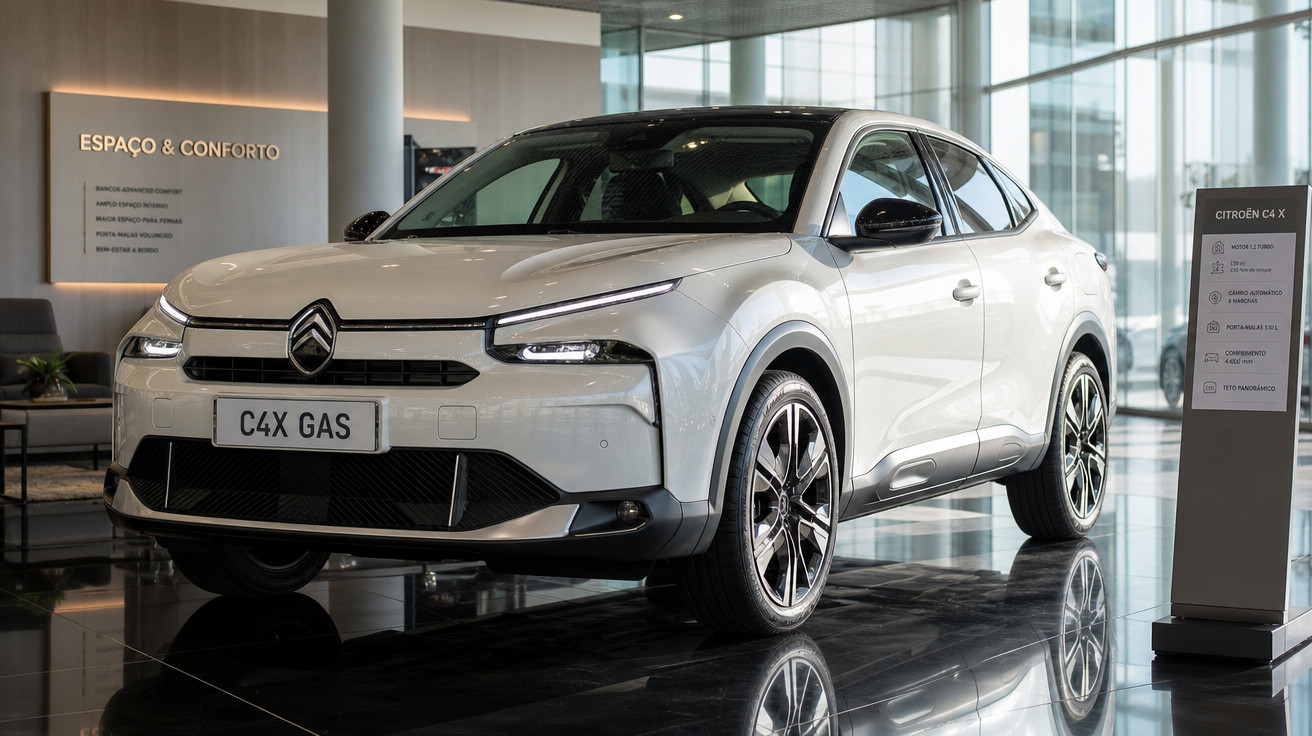 Carro Citroën C4 X branco exposto em showroom moderno com piso refletivo e iluminação natural.