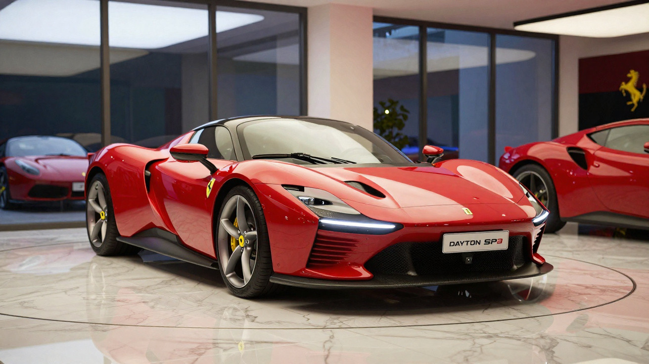 Carro esportivo vermelho Ferrari Dayton SP3 exposto em showroom com piso branco e carros ao fundo.