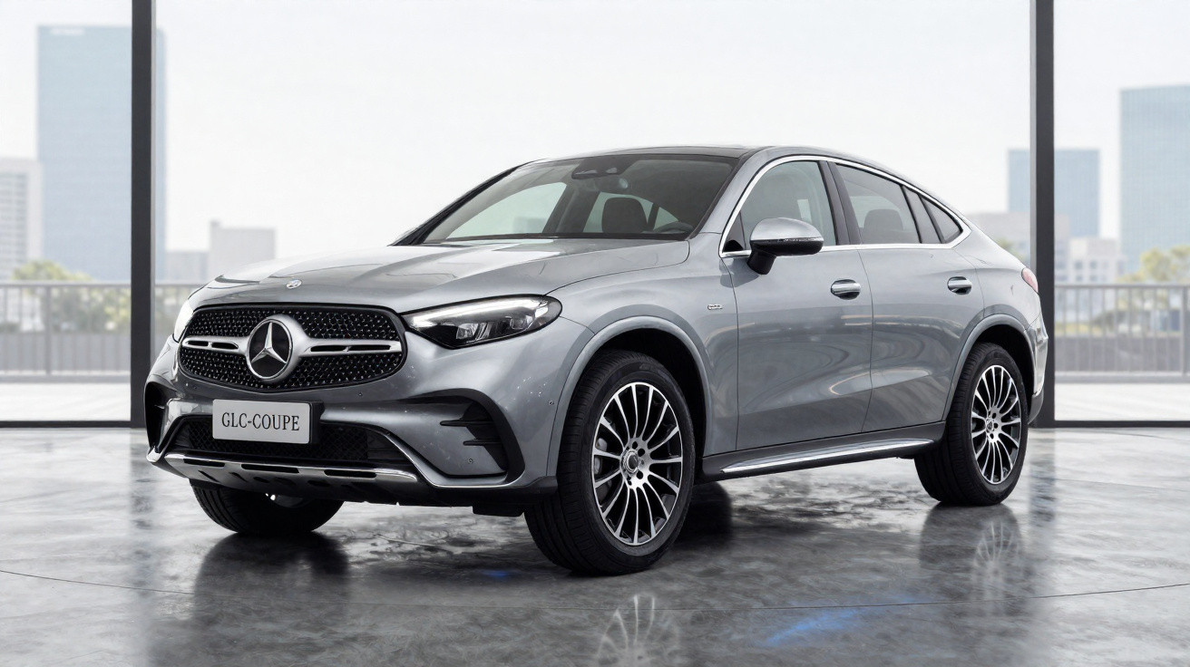 Carro Mercedes-Benz GLC Coupé cinza estacionado em ambiente interno com fundo urbano desfocado.