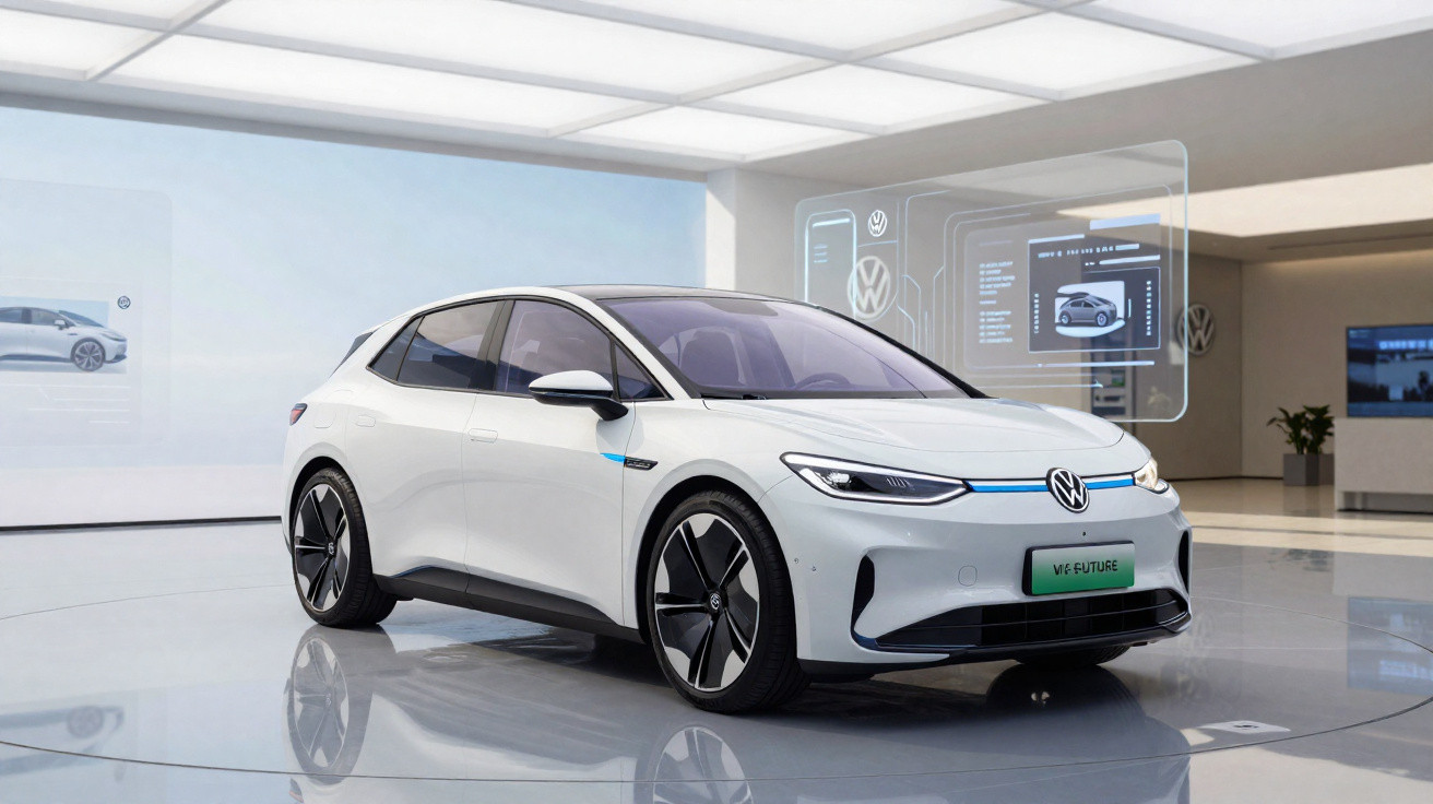 Carro elétrico branco Volkswagen ID.3 exposto em salão moderno com hologramas digitais ao fundo.