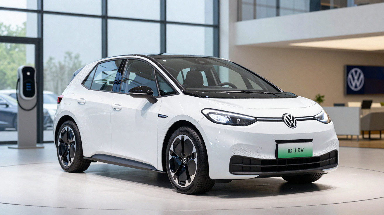 Carro elétrico branco Volkswagen ID.1 EV exibido em showroom moderno com estação de recarga ao fundo.