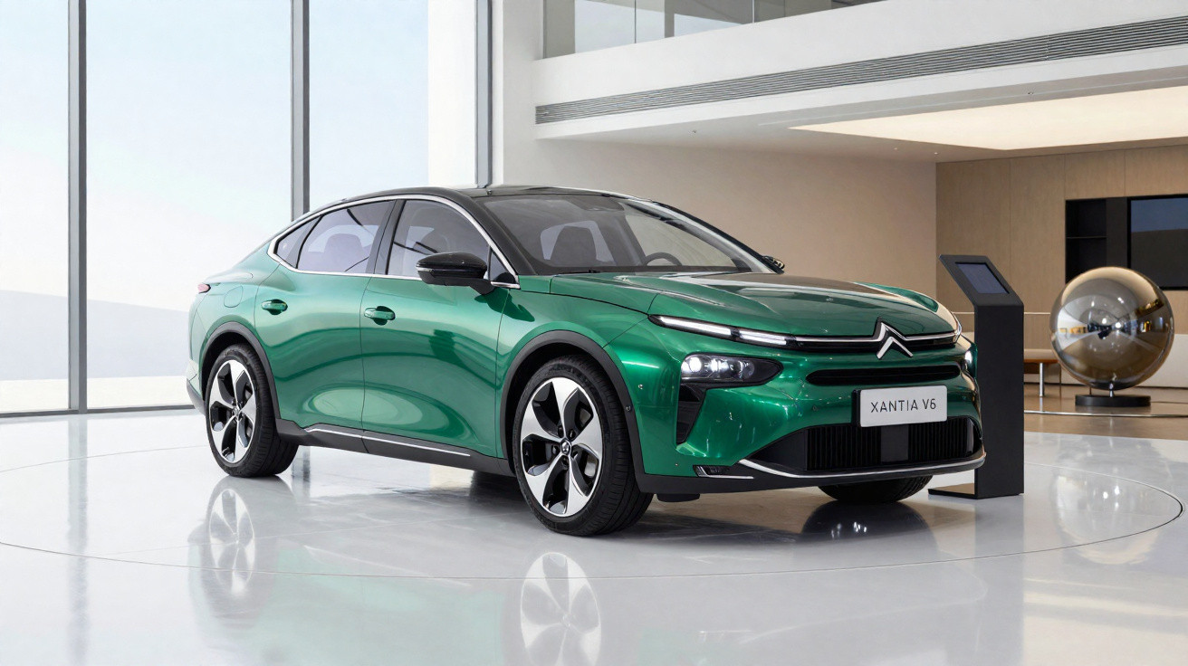 Carro Citroën Xantia V6 verde em exposição em salão moderno com piso branco e paredes de vidro.