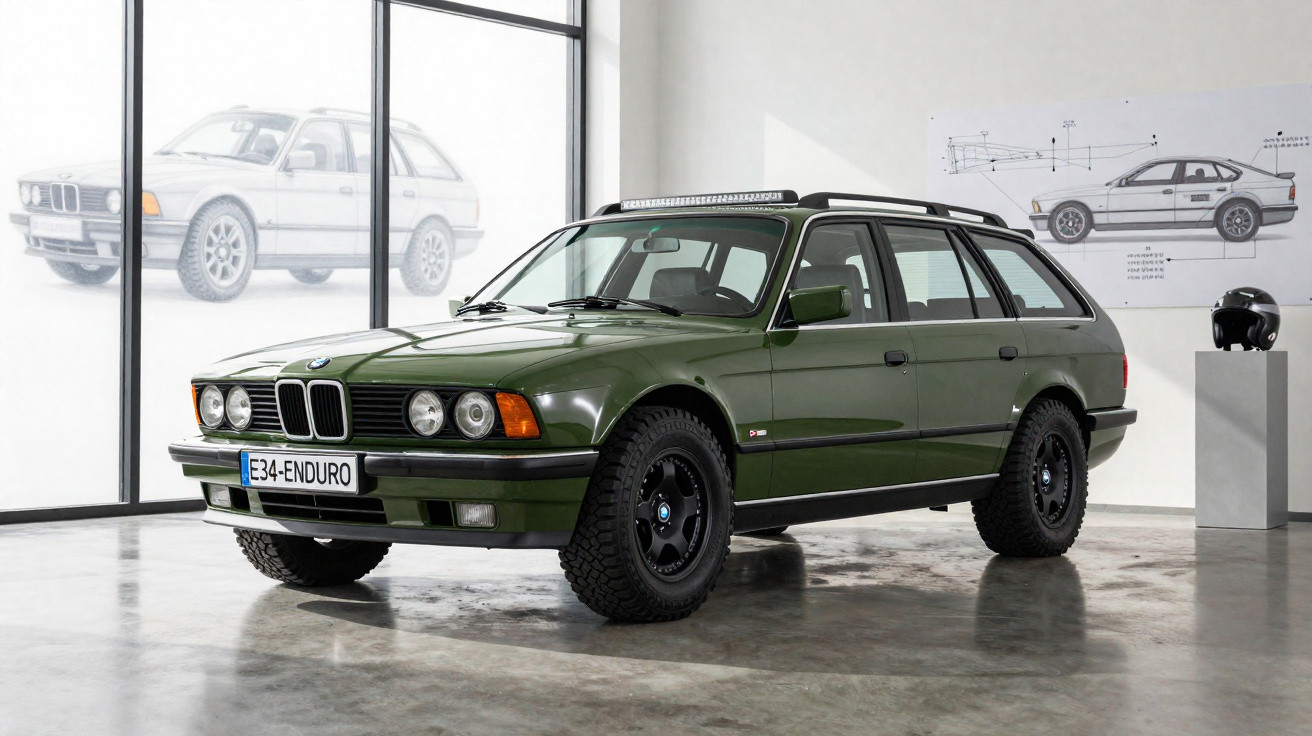 Carro BMW E34 Touring verde com pneus off-road exposto em salão com planta do veículo ao fundo.