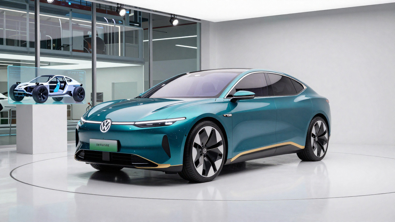 Carro elétrico Volkswagen em exibição, com design moderno e interior visível em tela lateral.