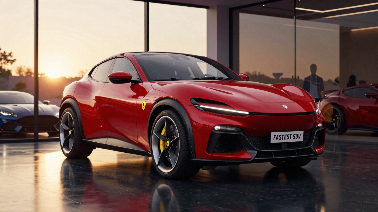 SUV esportivo vermelho da Ferrari em showroom com placa "Fastest SUV" ao pôr do sol.
