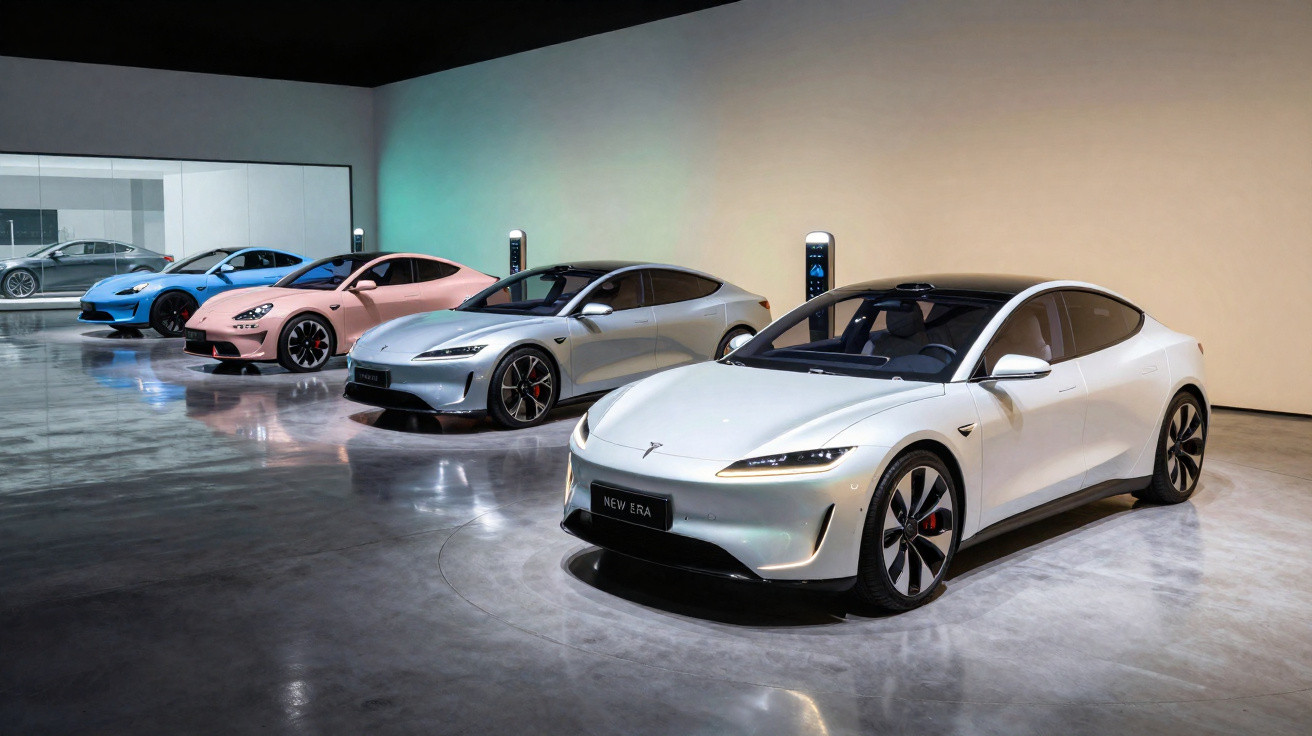 Quatro carros elétricos Tesla estacionados em showroom moderno com piso refletivo e iluminação suave.