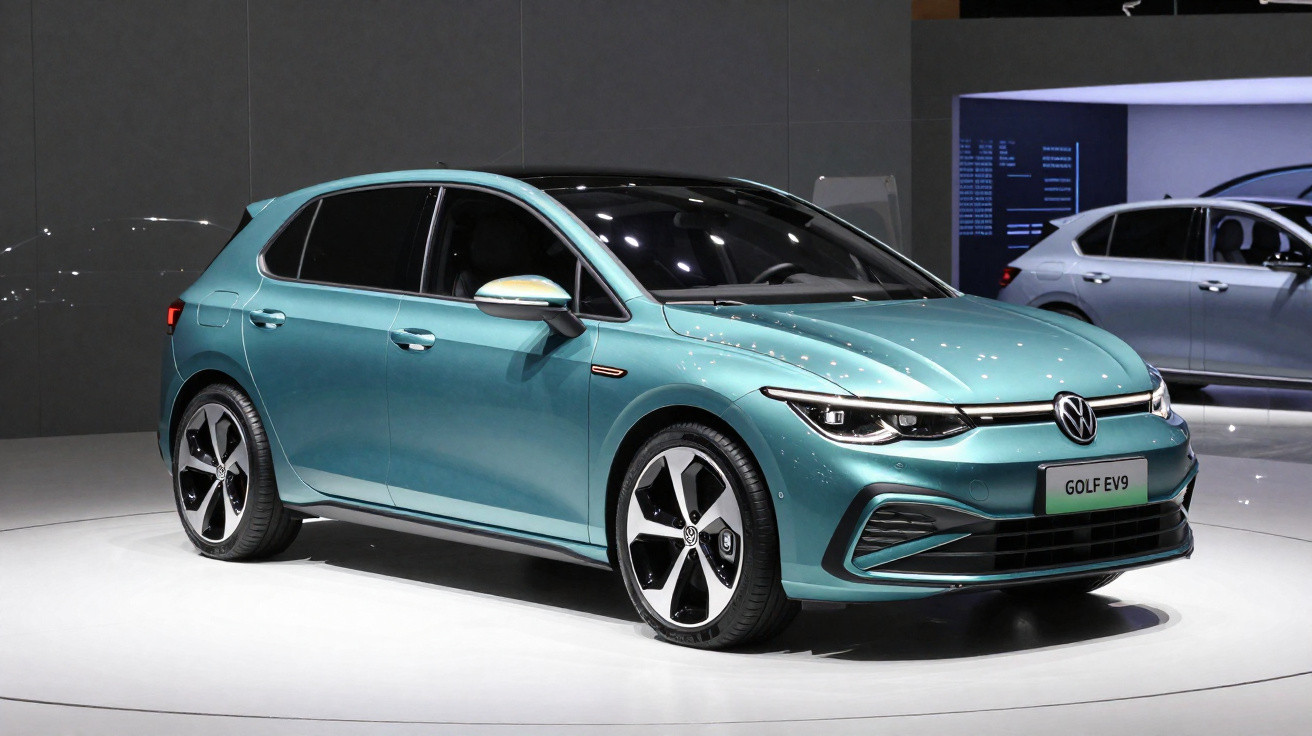 Carro Volkswagen Golf EV9 verde em exposição com design compacto e rodas modernas em ambiente interno.