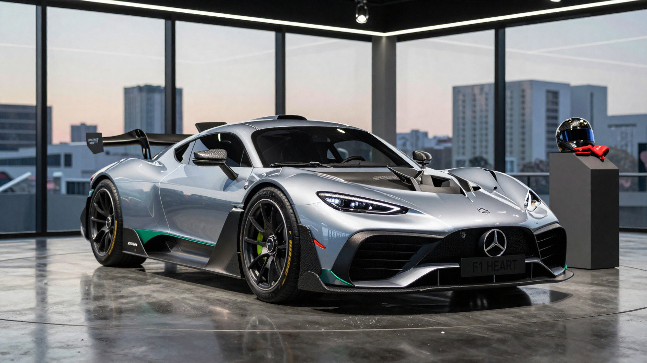 Carro esportivo Mercedes-AMG prata estacionado em garagem moderna com grandes janelas e capacete ao lado.