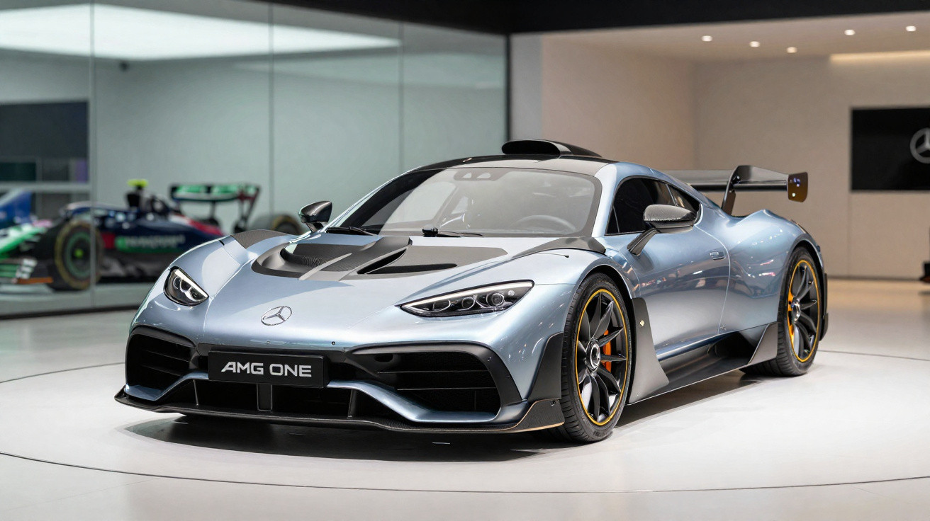 Carro esportivo Mercedes AMG One prata exibido em salão moderno com reflexos no chão branco.