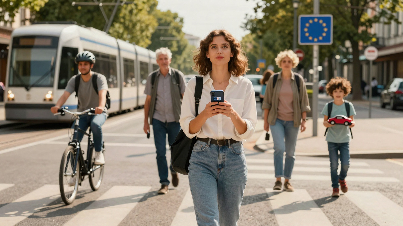 Mulher caminhando na faixa com outras pessoas, ciclista e bonde ao fundo em rua urbana.
