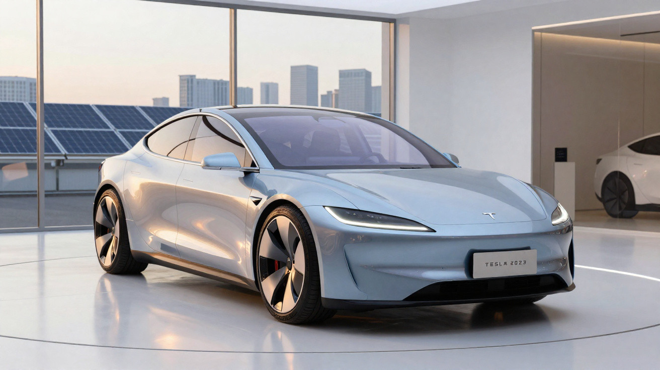 Carro elétrico Tesla 2023 prata em ambiente moderno com janelas grandes e vista urbana ao fundo.