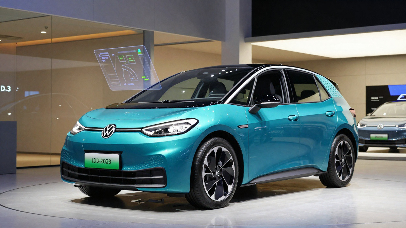 Carro elétrico Volkswagen ID.3 2023 azul em exposição interna, com design moderno e faróis afilados.