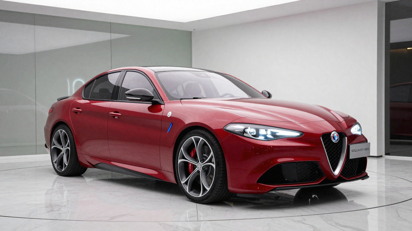 Carro esportivo Alfa Romeo Giulia EV 200 vermelho exibido em ambiente interno moderno e iluminado.