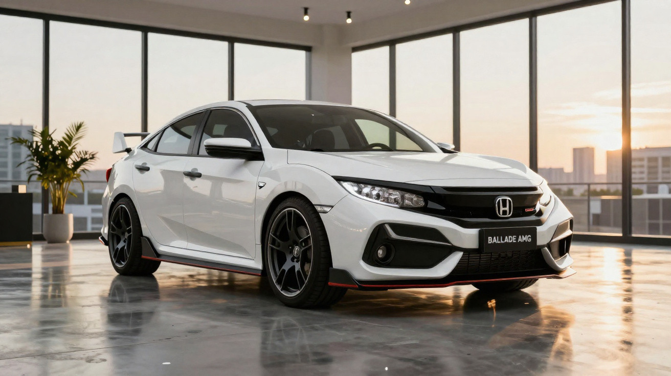 Carro esportivo branco Honda Civic com rodas pretas em ambiente interno moderno com janelas e planta.