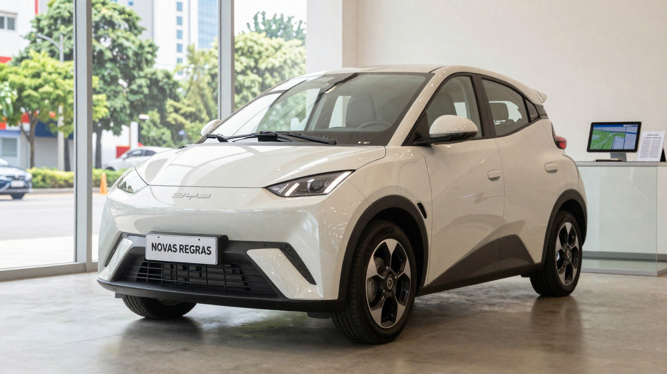 Carro branco elétrico moderno exposto em showroom com placa escrita "Novas Regras" à frente.