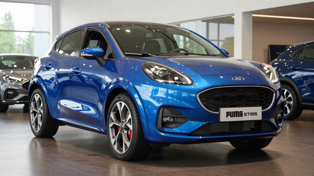 Carro hatch azul Ford Puma ST155 em exposição dentro de showroom automotivo moderno.