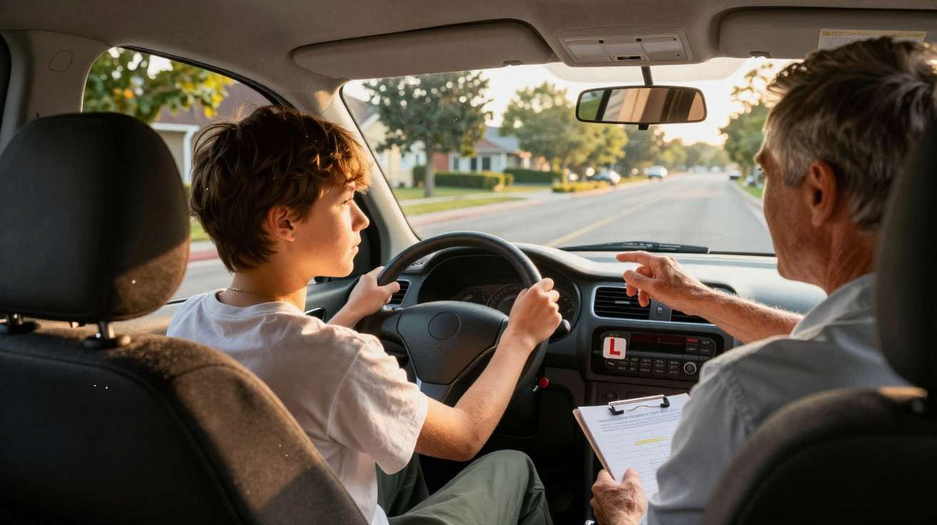 Jovem aprendendo a dirigir com instrutor em carro, sinal L no painel, em rua residencial ao entardecer.