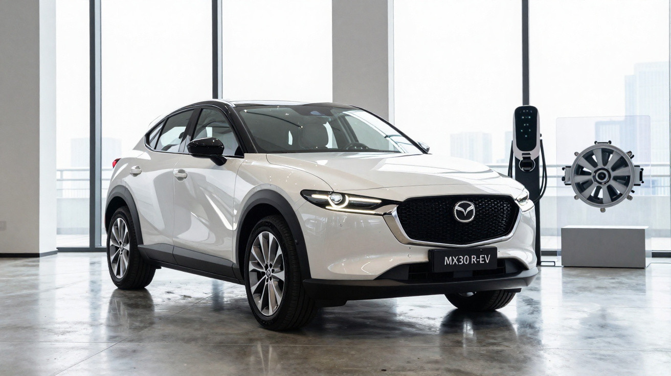 Carro elétrico branco Mazda MX30 R-EV exibido em showroom moderno e iluminado.